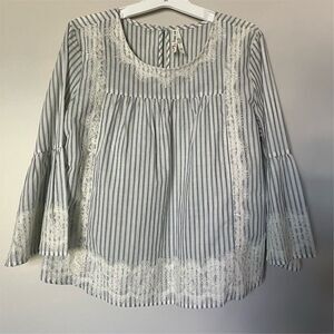 Women's Blue Striped Lace Bell Sleeve Blouse Size M Casual